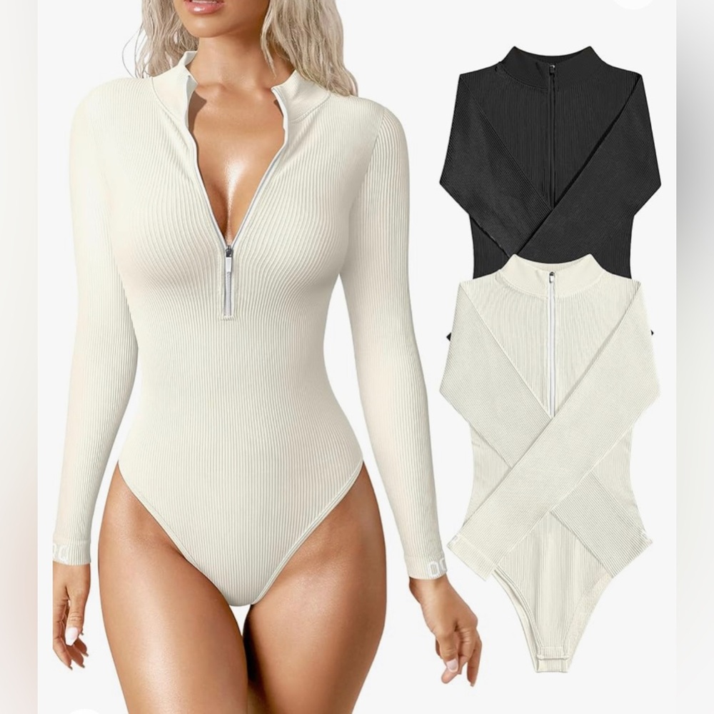 NWT 2 Piece Bodysuits Sexy Ribbed One Piece Zip Front Long Sleeve Tops